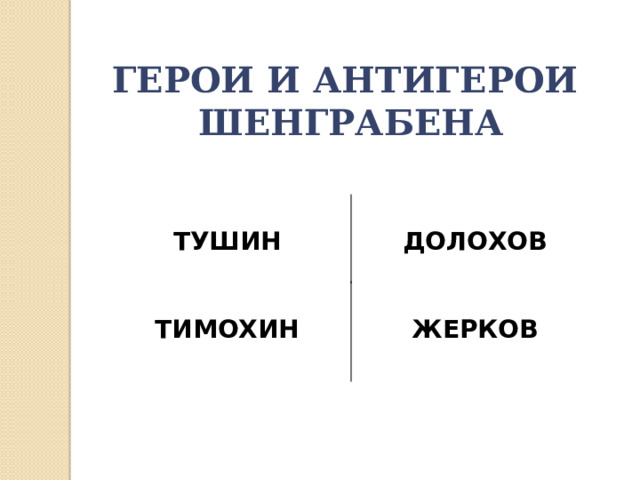 ГЕРОИ И АНТИГЕРОИ ШЕНГРАБЕНА  ТУШИН  ДОЛОХОВ ТИМОХИН ЖЕРКОВ 