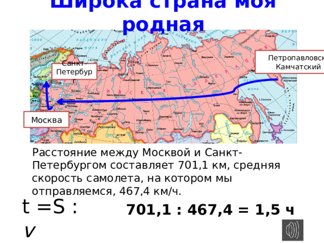 Широка страна моя родная Петропавловск-Камчатский Санкт-Петербург Москва Расстояние между Москвой и Санкт-Петербургом составляет 701,1 км, средняя скорость самолета, на котором мы отправляемся, 467,4 км/ч. t =S : v 701,1 : 467,4 = 1,5 ч 