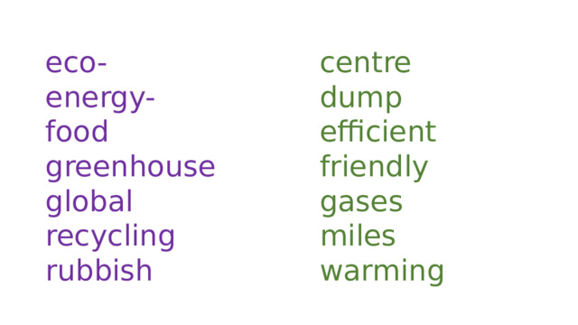 eco- centre energy- dump food efficient greenhouse friendly global gases recycling miles rubbish warming 