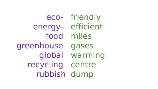 eco- friendly energy- efficient food miles greenhouse gases global warming recycling centre rubbish dump 