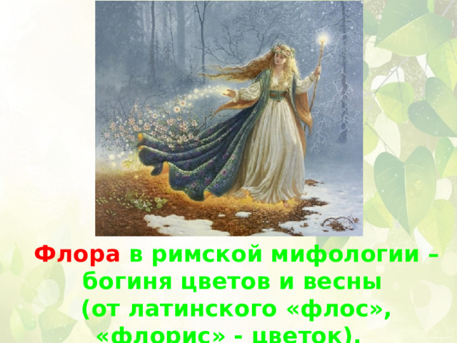 Флора  в римской мифологии – богиня цветов и весны (от латинского «флос», «флорис» - цветок). 
