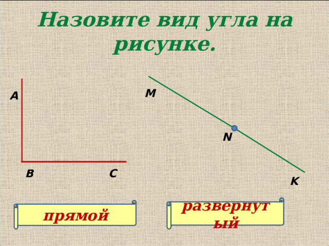 Назовите вид угла на рисунке. M А N С В K развернутый прямой 