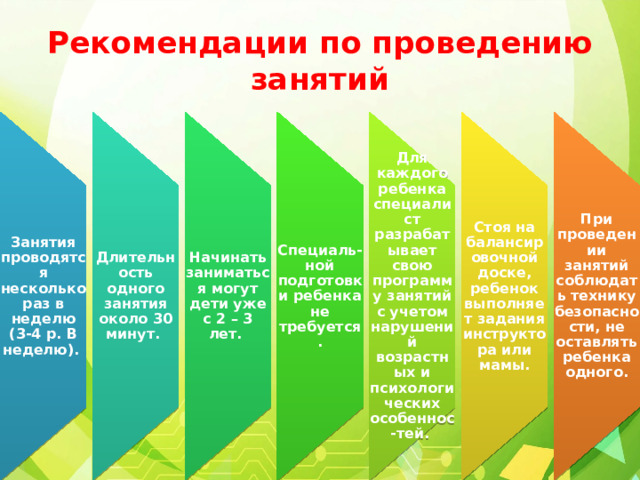 Занятия проводятся несколько раз в неделю (3-4 р. В неделю). Длительность одного занятия около 30 минут. Начинать заниматься могут дети уже с 2 – 3 лет. Специаль-ной подготовки ребенка не требуется. Для каждого ребенка специалист разрабатывает свою программу занятий с учетом нарушений возрастных и психологических особеннос-тей. Стоя на балансировочной доске, ребенок выполняет задания инструктора или мамы. При проведении занятий соблюдать технику безопасности, не оставлять ребенка одного. Рекомендации по проведению занятий 