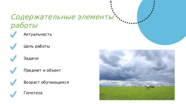 Содержательные элементы работы Актуальность Цель работы Задачи Предмет и объект Возраст обучающихся Гипотеза 