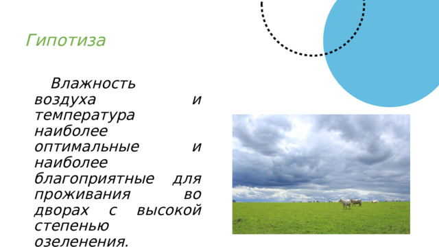 Гипотиза  Влажность воздуха и температура наиболее оптимальные и наиболее благоприятные для проживания во дворах с высокой степенью озеленения. 