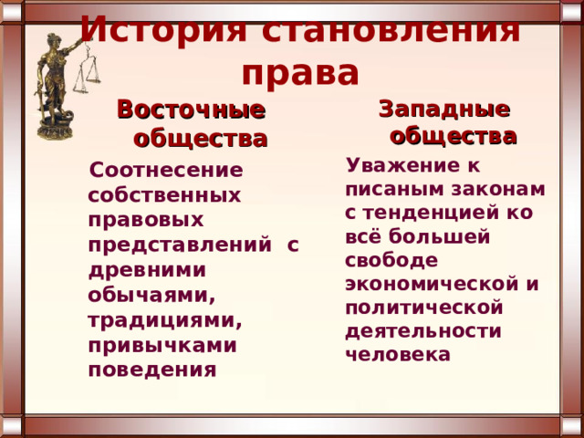 История становления права Восточные общества Западные общества  Соотнесение собственных правовых представлений с древними обычаями, традициями, привычками поведения  Уважение к писаным законам с тенденцией ко всё большей свободе экономической и политической деятельности человека 