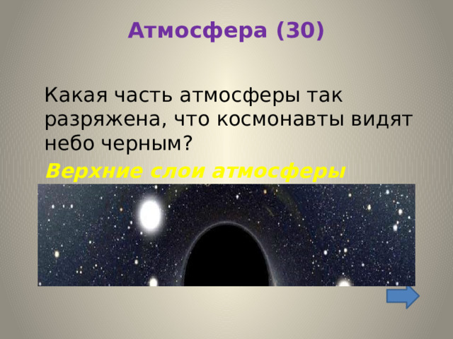 Атмосфера (30)    Какая часть атмосферы так разряжена, что космонавты видят небо черным?  Верхние слои атмосферы 