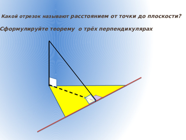 4) Какой отрезок называют расстоянием от точки до плоскости? 5) Сформулируйте теорему о трёх перпендикулярах  