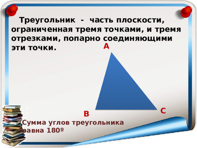  Треугольник - часть плоскости, ограниченная тремя точками, и тремя отрезками, попарно соединяющими эти точки. А С В Сумма углов треугольника равна 180º 