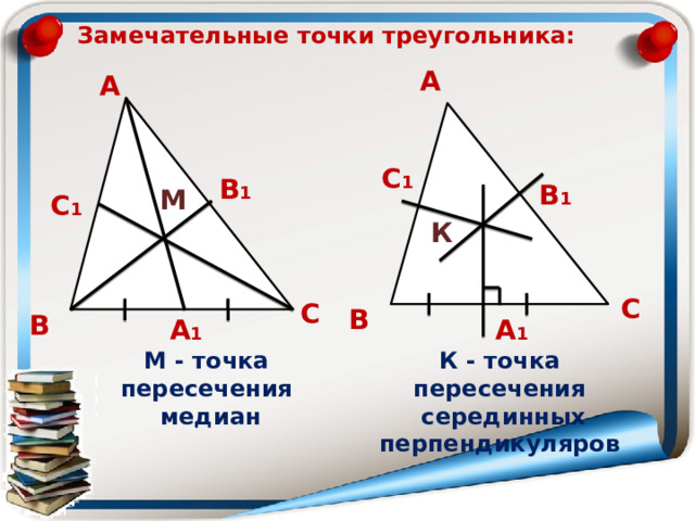 Замечательные точки треугольника: А А С 1 В 1 В 1 М С 1 К С С В В А 1 А 1 К - точка пересечения М - точка пересечения  серединных перпендикуляров  медиан 