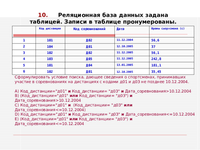 10.  Реляционная база данных задана таблицей. Записи в таблице пронумерованы. 1 Код дистанции  101  2 Код соревнований  Дата  Д02  104  3 Время спортсмена (с)  11.12.2004  Д01  102  4 56,6  103  12.10.2005  Д02  5 Д05  11.12.2005  37  101  6 56,1  11.12.2005  Д04  102  242,8  13.01.2005  Д01  181,1  12.10.2005  35,45  Сформулировать условие поиска, дающее сведения о спортсменах, принимавших участие в соревнова­ниях на дистанциях с кодами д01 и д0З не позднее 10.12.2004. А) Код_дистанции=