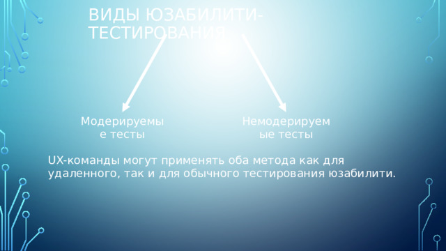 Виды юзабилити-тестирования Модерируемые тесты Немодерируемые тесты UX-команды могут применять оба метода как для удаленного, так и для обычного тестирования юзабилити. 