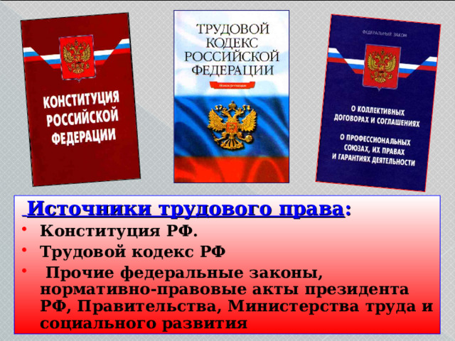  Источники трудового права : Конституция РФ. Трудовой кодекс РФ  Прочие федеральные законы, нормативно-правовые акты президента РФ, Правительства, Министерства труда и социального развития  