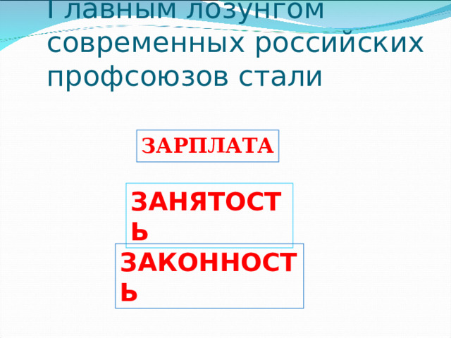 Главным лозунгом современных российских профсоюзов стали ЗАРПЛАТА ЗАНЯТОСТЬ ЗАКОННОСТЬ 