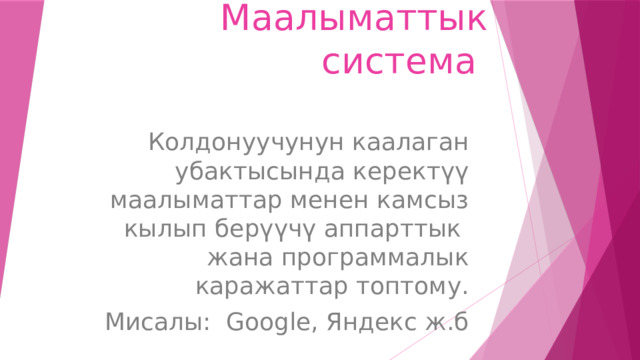 Маалыматтык система Колдонуучунун каалаган убактысында керектүү маалыматтар менен камсыз кылып берүүчү аппарттык жана программалык каражаттар топтому. Мисалы: Google, Яндекс ж.б 