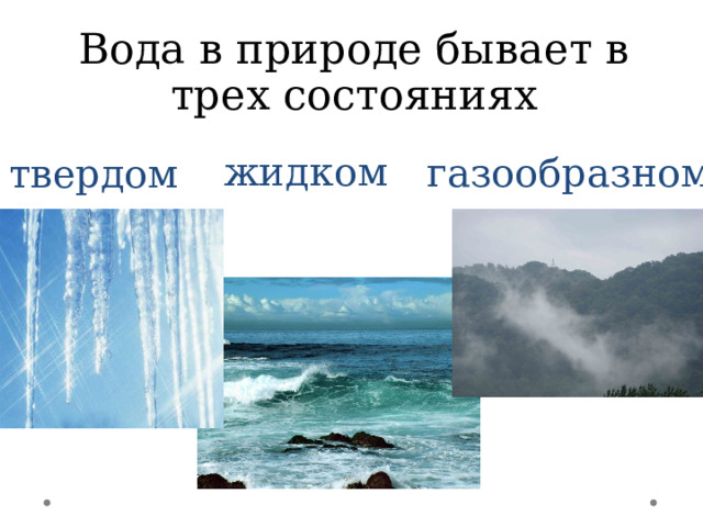 Вода в природе бывает в трех состояниях газообразном жидком  твердом 