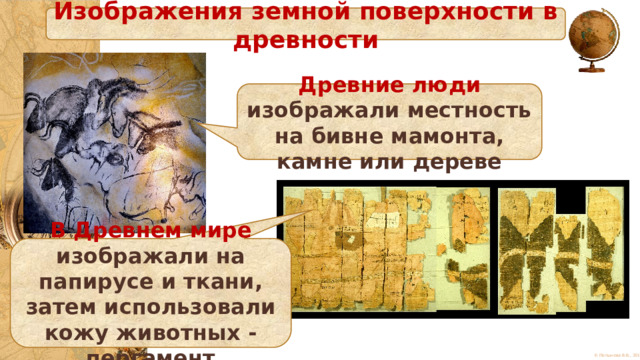 Изображения земной поверхности в древности Древние люди изображали местность на бивне мамонта, камне или дереве В  Древнем мире изображали на папирусе и ткани, затем использовали кожу животных - пергамент 
