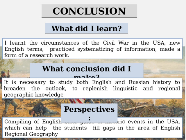 CONCLUSION What did I learn? I learnt the circumstances of the Civil War in the USA, new English terms, practiced systematizing of information, made a form of a research work. What conclusion did I make? It is necessary to study both English and Russian history to broaden the outlook, to replenish linguistic and regional geographic knowledge Perspectives: Compiling of English brief guide of historic events in the USA, which can help the students fill gaps in the area of English Regional Geography 