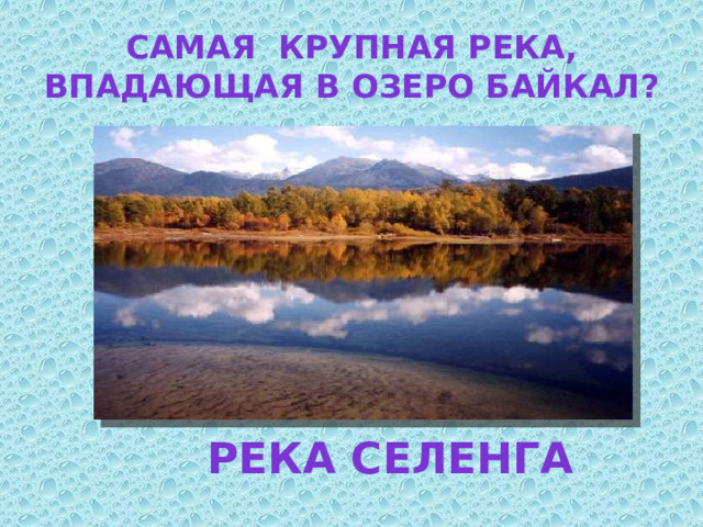 Самая крупная река, впадающая в озеро Байкал?  Река Селенга 