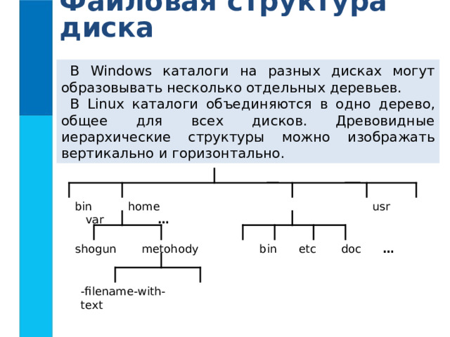 Файловая структура диска В Windows каталоги на разных дисках могут  образовывать несколько отдельных деревьев. В Linux каталоги объединяются в одно  дерево, общее для всех дисков. Древовидные иерархические структуры можно изображать вертикально и  горизонтально. bin home  usr var   …  shogun metohody bin etc doc …  -filename-with- text 