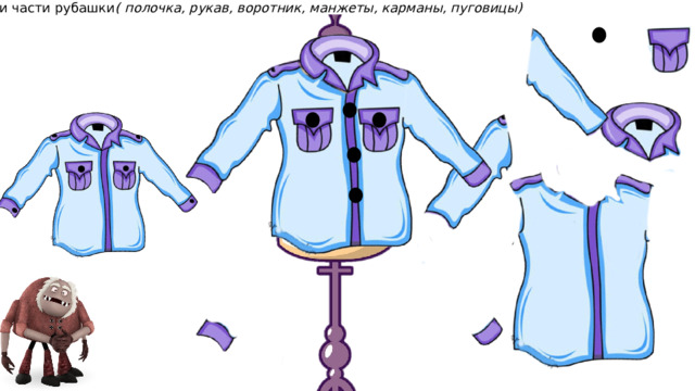Назови части рубашки ( полочка, рукав, воротник, манжеты, карманы, пуговицы) 