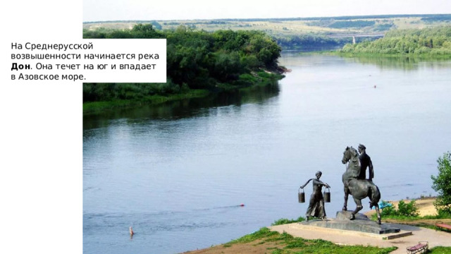 На Среднерусской возвышенности начинается река Дон . Она течет на юг и впадает в Азовское море. 