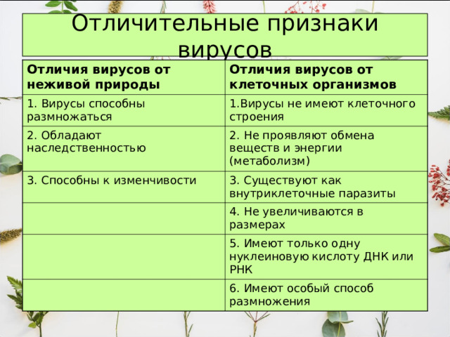 Отличительные признаки вирусов Отличия вирусов от неживой природы Отличия вирусов от клеточных организмов 1. Вирусы способны размножаться 1.Вирусы не имеют клеточного строения 2. Обладают наследственностью 2. Не проявляют обмена веществ и энергии (метаболизм) 3. Способны к изменчивости 3. Существуют как внутриклеточные паразиты 4. Не увеличиваются в размерах 5. Имеют только одну нуклеиновую кислоту ДНК или РНК 6. Имеют особый способ размножения 