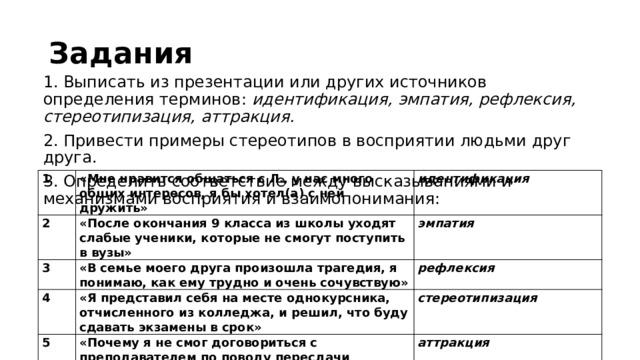 Задания 1. Выписать из презентации или других источников определения терминов: идентификация, эмпатия, рефлексия, стереотипизация, аттракция. 2.  Привести примеры стереотипов в восприятии людьми друг друга. 3. Определить соответствие между высказываниями и механизмами восприятия и взаимопонимания: 1 2 «Мне нравится общаться с Л., у нас много общих интересов, я бы хотел(а) с ней дружить» 3 «После окончания 9 класса из школы уходят слабые ученики, которые не смогут поступить в вузы» идентификация эмпатия 4 «В семье моего друга произошла трагедия, я понимаю, как ему трудно и очень сочувствую» 5 рефлексия «Я представил себя на месте однокурсника, отчисленного из колледжа, и решил, что буду сдавать экзамены в срок» стереотипизация «Почему я не смог договориться с преподавателем по поводу пересдачи экзамена?» аттракция 