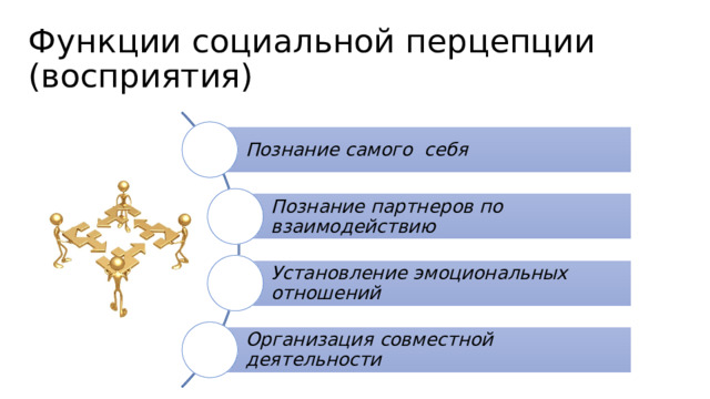 Функции социальной перцепции (восприятия) Познание самого себя Познание партнеров по взаимодействию Установление эмоциональных отношений Организация совместной деятельности 