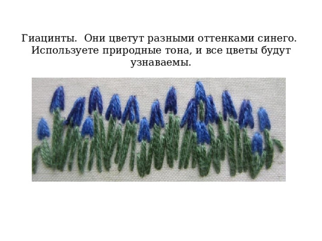 Гиацинты. Они цветут разными оттенками синего.  Используете природные тона, и все цветы будут узнаваемы. 