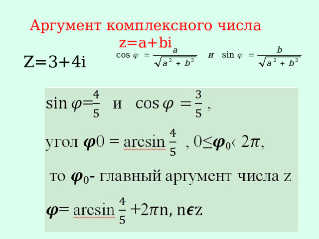 Аргумент комплексного числа z=a+bi Z=3+4i 