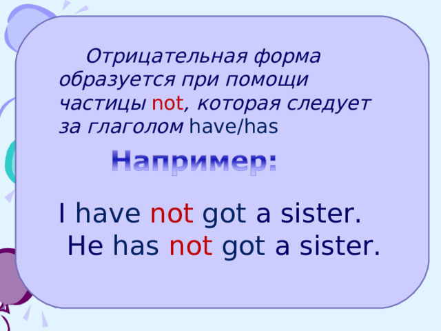  Отрицательная форма образуется при помощи частицы not ,  которая следует за глаголом  have/has I have not  got  a sister.  He ha s not got  a sister. 