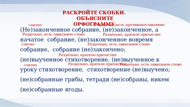 РАСКРОЙТЕ СКОБКИ. ОБЪЯСНИТЕ ОРФОГРАММУ. Раздельно, есть противопоставление (Не)законченное собрание, (не)законченное, а начатое собрание, (не)законченное вовремя собрание, собрание (не)закончено; слитно (не)выученное стихотворение, (не)выученное к уроку стихотворение, стихотворение (не)выучено; (не)собранные грибы, тетради (не)собраны, никем (не)собранные ягоды. Раздельно, есть зависимое слово Раздельно, краткое причастие слитно Раздельно, есть зависимое слово Раздельно, краткое причастие Раздельно, краткое причастие Раздельно, есть зависимое слово слитно 