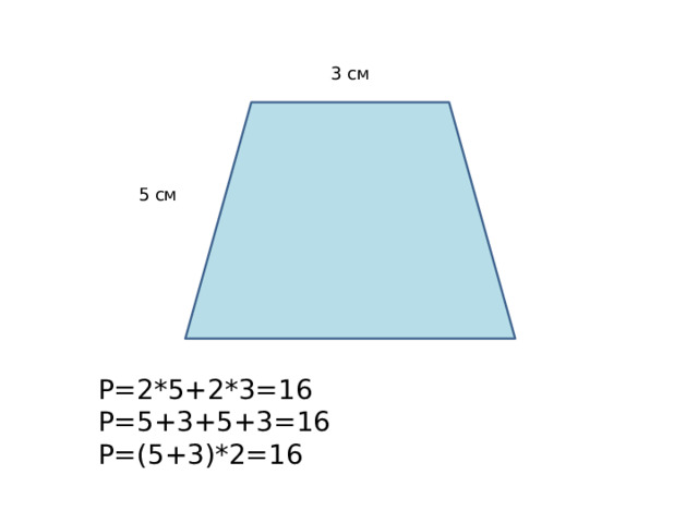 3 см 5 см P=2*5+2*3=16 P=5+3+5+3=16 P=(5+3)*2=16 