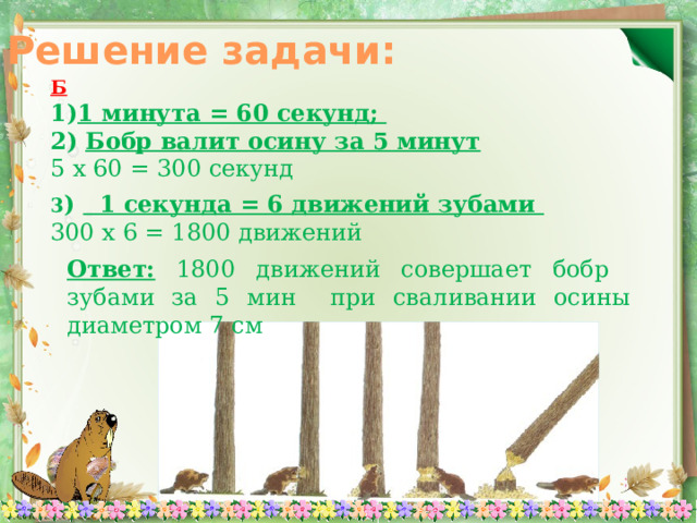 Решение задачи: Б 1 минута = 60 секунд; Бобр валит осину за 5 минут 5 х 60 = 300 секунд 3 ) 1 секунда = 6 движений зубами 300 х 6 = 1800 движений Ответ: 1800 движений совершает бобр зубами за 5 мин при сваливании осины диаметром 7 см 