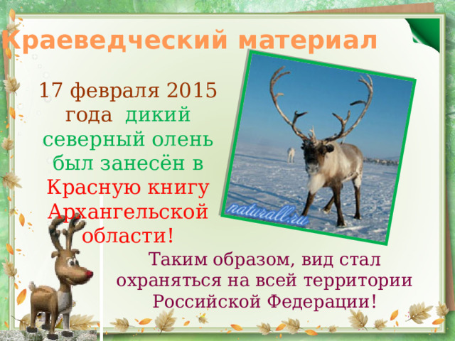 Краеведческий материал 17 февраля 2015 года дикий северный олень был занесён в Красную книгу Архангельской области! Таким образом, вид стал охраняться на всей территории Российской Федерации! 