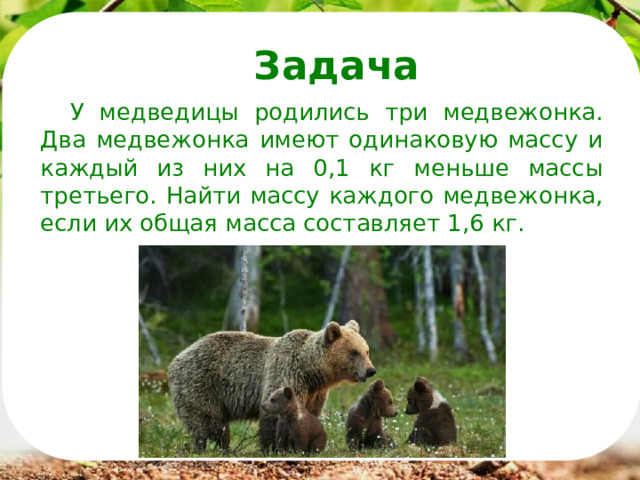 Задача   У медведицы родились три медвежонка. Два медвежонка имеют одинаковую массу и каждый из них на 0,1 кг меньше массы третьего. Найти массу каждого медвежонка, если их общая масса составляет 1,6 кг. 