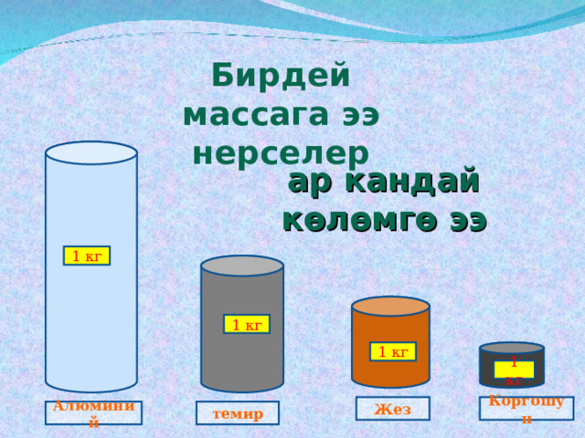 Бирдей массага ээ нерселер  ар кандай көлөмгө ээ 1 кг 1 кг 1 кг 1 кг Коргошун Жез темир Алюминий 