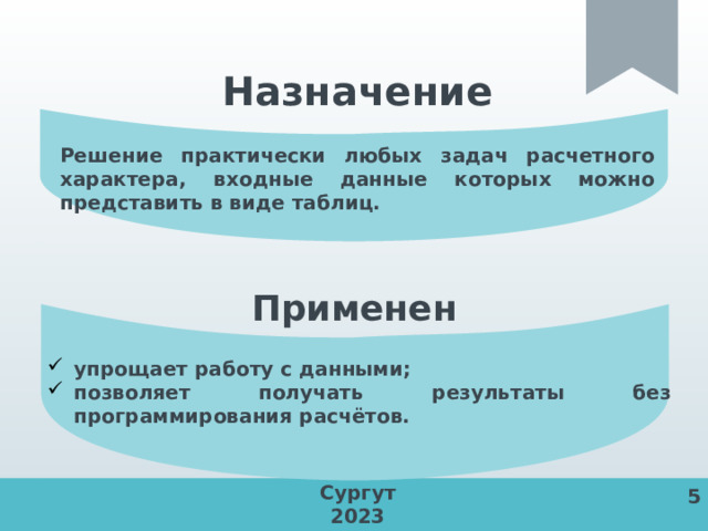 Назначение Решение практически любых задач расчетного характера, входные данные которых можно представить в виде таблиц. Применение  упрощает работу с данными; позволяет получать результаты без программирования расчётов.  Сургут 2023 5 