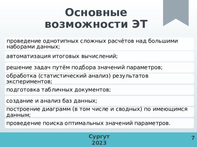 Основные возможности ЭТ проведение однотипных сложных расчётов над большими наборами данных; автоматизация итоговых вычислений; решение задач путём подбора значений параметров; обработка (статистический анализ) результатов экспериментов; подготовка табличных документов; создание и анализ баз данных; построение диаграмм (в том числе и сводных) по имеющимся данным; проведение поиска оптимальных значений параметров.  Сургут 2023 7 7 