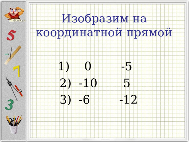 Изобразим на координатной прямой 1) 0 -5 2) -10 5  3) -6 -12 
