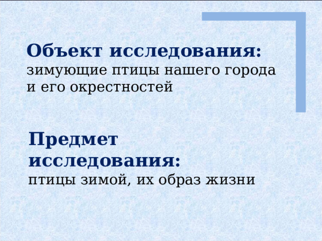 Объект исследования: зимующие птицы нашего города и его окрестностей Предмет исследования:  птицы зимой, их образ жизни   