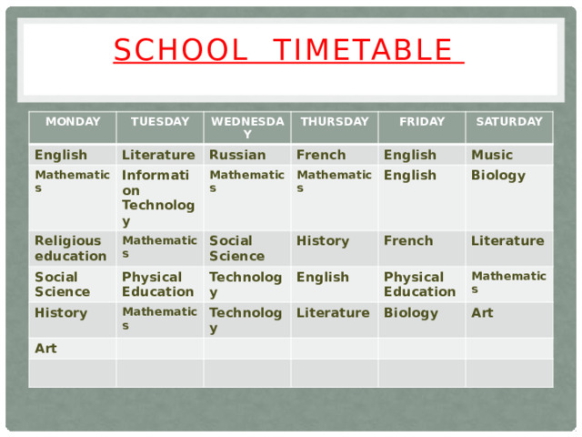 SCHOOL TIMETABLE   MONDAY TUESDAY English Literature WEDNESDAY Mathematics Information Technology Religious education Russian THURSDAY French Mathematics Mathematics Social Science FRIDAY Mathematics Physical Education History SATURDAY Social Science English Music History Mathematics Technology Art English English Biology Technology French Literature Literature Physical Education Mathematics Biology Art 