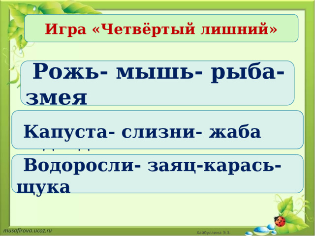 Игра «Четвёртый лишний»  Рожь- мышь- рыба- змея  Капуста- слизни- жаба- медведь  Капуста- слизни- жаба  Водоросли- заяц-карась- щука Хайбуллина Э.З. 