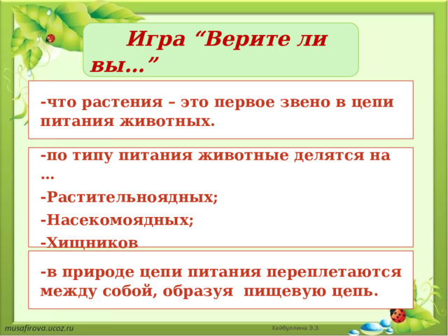   Игра “Верите ли вы…”  -что растения – это первое звено в цепи питания животных. -по типу питания животные делятся на … -Растительноядных; -Насекомоядных; -Хищников -в природе цепи питания переплетаются между собой, образуя пищевую цепь. Хайбуллина Э.З. 