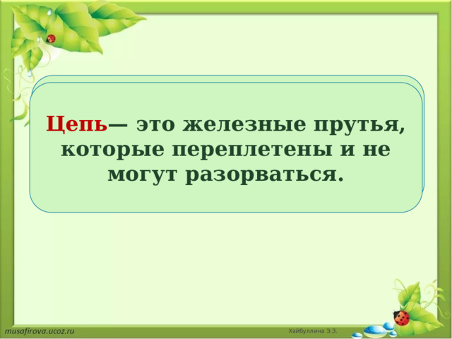 Пищевая цепь, или цепь питания — это ряд организмов, связанных друг с другом пищевыми отношениями. Цепь — это железные прутья, которые переплетены и не могут разорваться. Хайбуллина Э.З. 