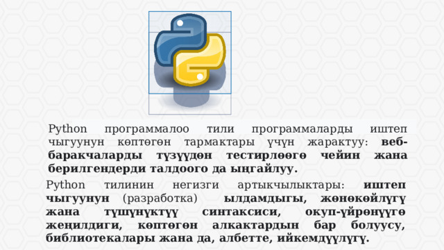 Python программалоо тили программаларды иштеп чыгуунун көптөгөн тармактары үчүн жарактуу: веб-баракчаларды түзүүдөн тестирлөөгө чейин жана берилгендерди талдоого да ыңгайлуу.  Python тилинин негизги артыкчылыктары: иштеп чыгуунун (разработка) ылдамдыгы, жөнөкөйлүгү жана түшүнүктүү синтаксиси, окуп-үйрөнүүгө жеңилдиги, көптөгөн алкактардын бар болуусу, библиотекалары жана да, албетте, ийкемдүүлүгү.  