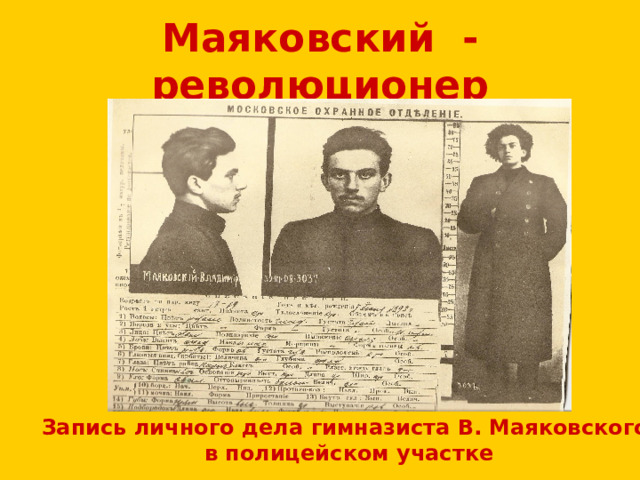 Маяковский -революционер Запись личного дела гимназиста В. Маяковского  в полицейском участке 