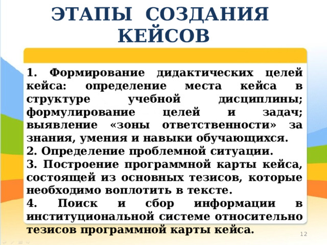 ЭТАПЫ СОЗДАНИЯ КЕЙСОВ 1. Формирование дидактических целей кейса: определение места кейса в структуре учебной дисциплины; формулирование целей и задач; выявление «зоны ответственности» за знания, умения и навыки обучающихся. 2. Определение проблемной ситуации. 3. Построение программной карты кейса, состоящей из основных тезисов, которые необходимо воплотить в тексте. 4. Поиск и сбор информации в институциональной системе относительно тезисов программной карты кейса. 10 