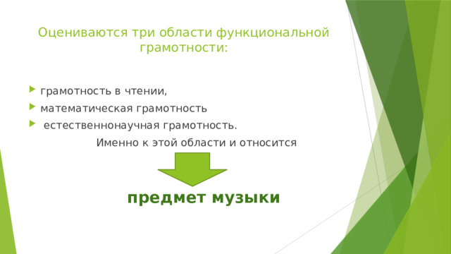 Оцениваются три области функциональной грамотности:   грамотность в чтении, математическая грамотность  естественнонаучная грамотность.  Именно к этой области и относится  предмет музыки 